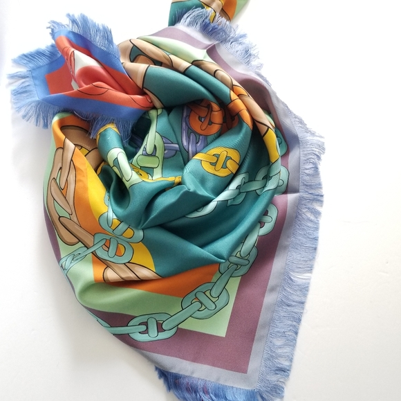 Franco Ferrari Love Chain Print Silk Square Scarf Multicolor - Picture 2 of 7